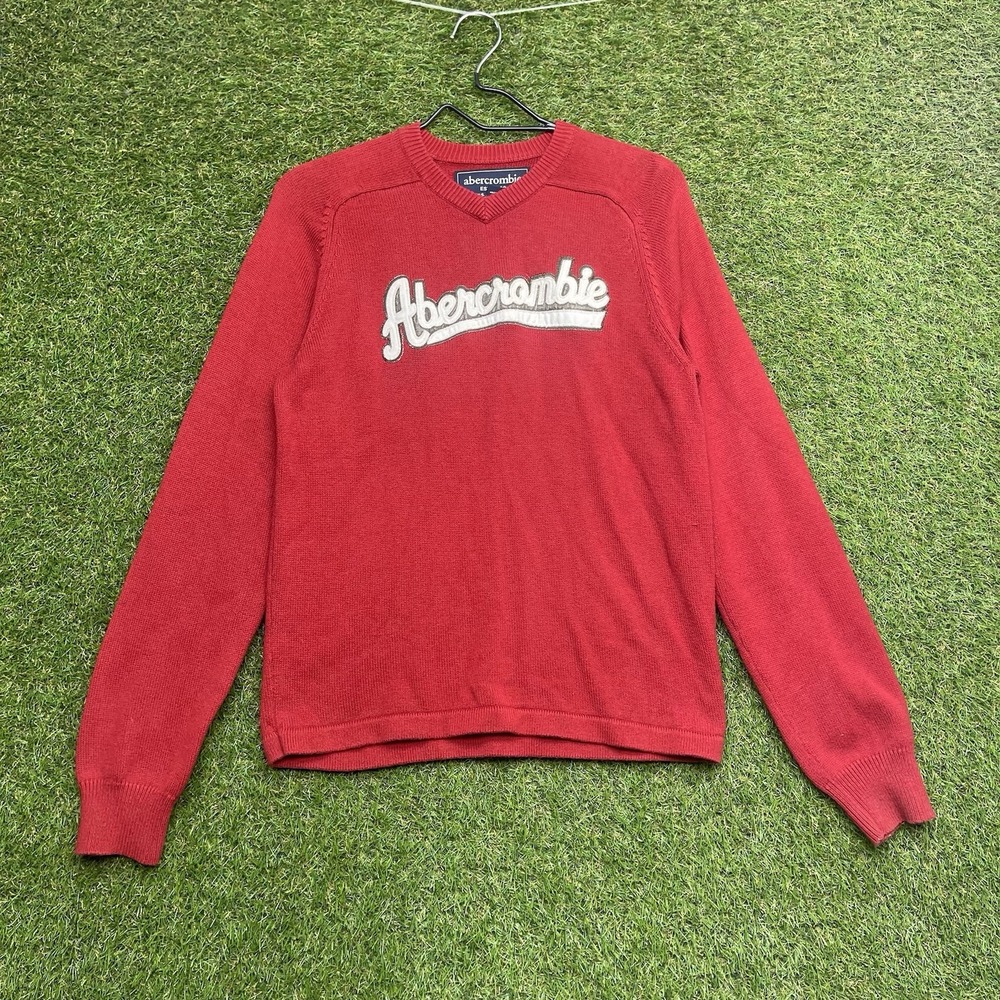 Abercrombie Fitch Sweater Kids XL Boys V Neck Long Sleeve Knit Spellout Red